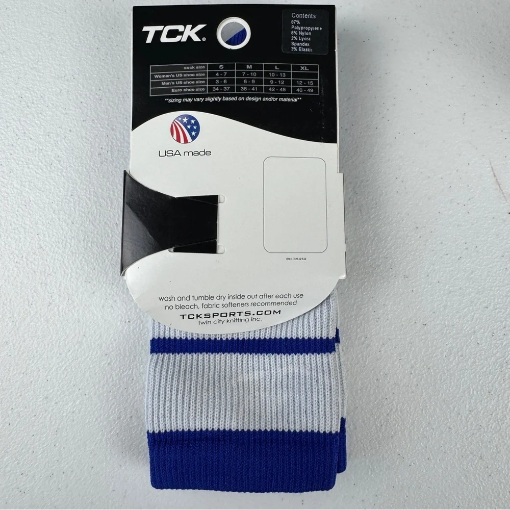 TCK Performance Athletic Crew Socks Size Small Blue and White Striped‎ NWT
